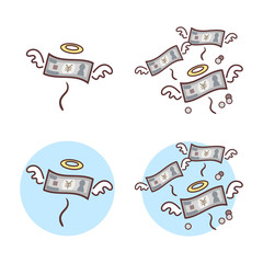お金が飛んで行く様子のイラスト（線あり）