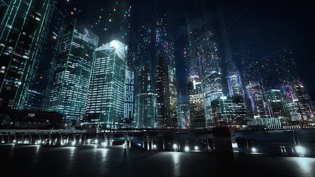 Cityscape with futuristic network connection and data communication. Technology concept. Hyperlapse