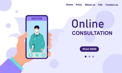 Digital vector concept of online doctor consultation and diagnosis, banner template for website and mobile applications. Medicine and healthcare for web site. Flat style. Hand with a telephone.