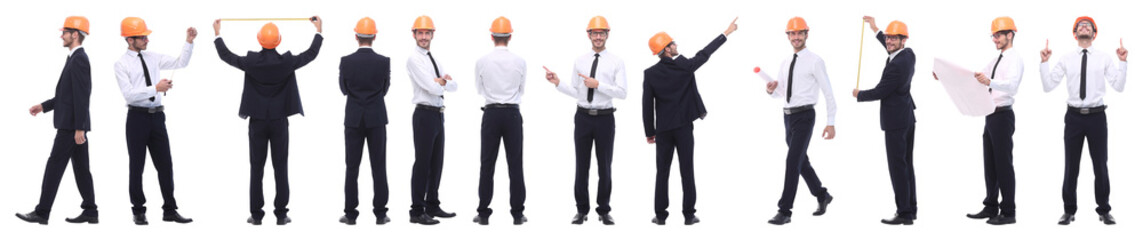 panoramic photo collage of confident architect isolated on white