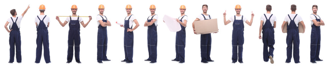 panoramic collage of skilled handyman isolated on white
