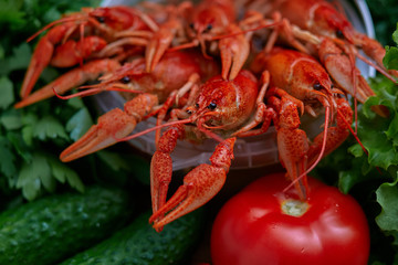 boiled crayfish with vegetables and herbs