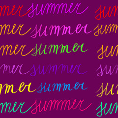 Summer text on purple background. neon multicolored summer word. Seamless pattern. Print, packaging, wallpaper, textile, fabric design