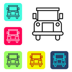 Black line School Bus icon isolated on white background. Public transportation symbol. Set icons in color square buttons. Vector Illustration