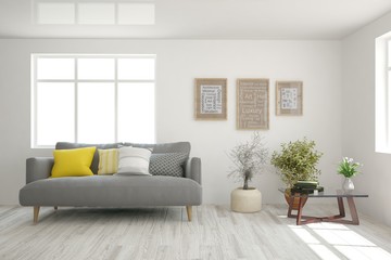 White living room with sofa. Scandinavian interior design. 3D illustration