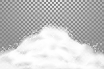 Bath lather realistic illustrarion on transparent background. Soap foam with shampoo bubbles, suds texture, vector illustration
