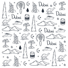 UAE. Travel to Dubai. Hand draw doodle background. Vector illustration.
