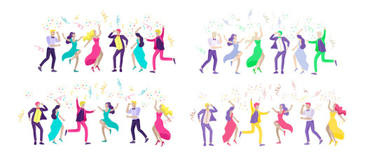Group of smiling young people or students in evening dresses and tuxedos, happy Jumping and dansing. Prom party, prom night invitation, promenade school dance concept. Vector - obrazy, fototapety, plakaty