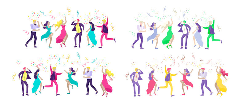 Group Of Smiling Young People Or Students In Evening Dresses And Tuxedos, Happy Jumping And Dansing. Prom Party, Prom Night Invitation, Promenade School Dance Concept. Vector