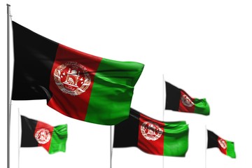 beautiful any occasion flag 3d illustration. - five flags of Afghanistan are waving isolated on white - photo with bokeh