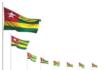 pretty day of flag 3d illustration. - many Togo flags placed diagonal isolated on white with place for your text