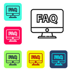 Black line Computer monitor and FAQ icon isolated on white background. Adjusting, service, setting, maintenance, repair, fixing. Set icons in color square buttons. Vector Illustration