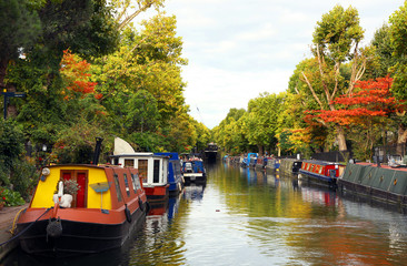 Little Venice water channles with colorful barges, London, UK, Europe