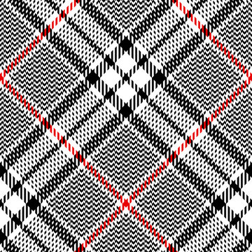Glen plaid pattern. Classic seamless diagonal hounds tooth check plaid texture in black, red, and white for trousers, coat, skirt, jacket, or other modern fashion clothes print.