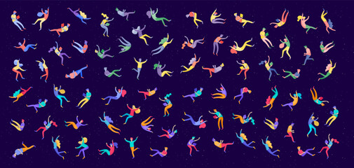 Inspired People flying in space and interacting with gadgets and papers. Characters set moving and floating in dreams, imagination and inspiration. Flat design style © merfin