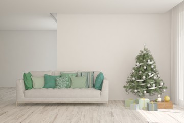 Winter new year interior of living room with sofa. Scandinavian design. 3D illustration