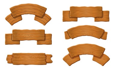 Wood banner. Old wood sign board and blank signpost vector set. Cartoon wooden sign for message post and pointer arrow. Country and western style retro banner.