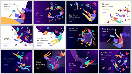 landing page templates set. Inspired People flying in space and reading books. Characters moving and floating in dreams, imagination and freedom inspiration. Flat design style © merfin