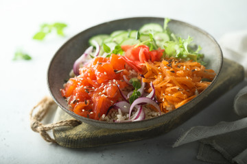 Healthy smoked salmon poke bowl