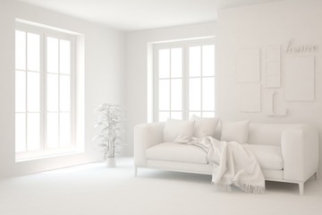White minimalist living room with sofa. Scandinavian interior design. 3D illustration