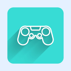White line Gamepad icon isolated with long shadow. Game controller. Green square button. Vector Illustration