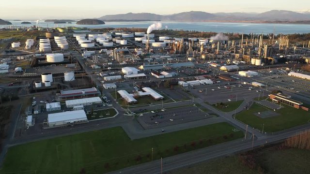 Aerial / drone footage of the Marathon Anacortes Oil Refinery off Fidalgo Island near Seattle, Washington during the COVID-19 pandemic closure