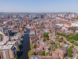 Wide Shot of Leeds City Centre in Yorkshire with Leeds Minster and River Aire