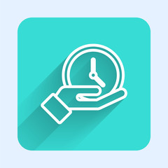 White line Clock icon isolated with long shadow. Time symbol. Green square button. Vector Illustration