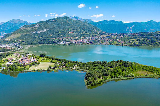 aerial view of the city of Civate and Lake Annone, Lecco province, Italy