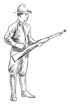 soldier holding rifle, standing, black and white clip art preview