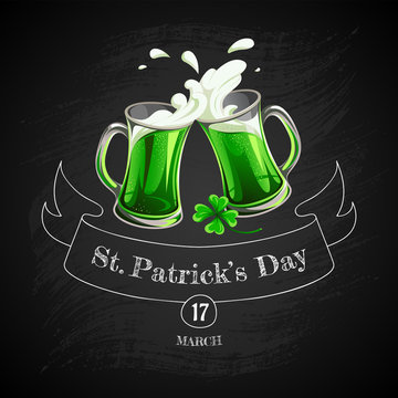 Saint Patrick's day. Illustration with text and two glass toasting mugs with beer on black background. Cheers beer glasses. 