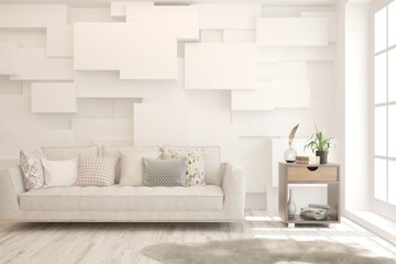 White living room with sofa. Scandinavian interior design. 3D illustration