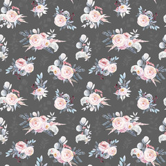 Fototapeta premium Seamless floral pattern. Watercolor flowers, pink rose, eucalyptus leaves, berries, peony. Shabby chic. Ggray background.
