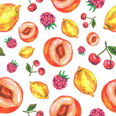 Seamless pattern with bright and juicy fruits peaches, lemons, cherries and raspberries, painted with oil pastel.