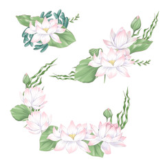 Set of digital clipart flowers and bouquets of lotus and seaweed