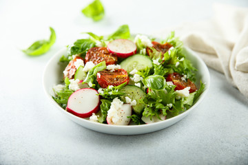 Healthy salad with sun dried tomatoes and fresh cheese