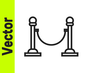 Black line Rope barrier icon isolated on white background. VIP event, luxury celebration. Celebrity party entrance. Vector Illustration