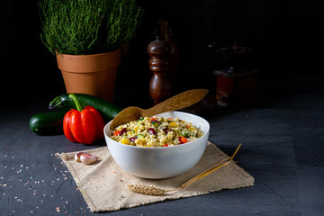 bulgur kaszotto with fresh vegetables and kidney bean