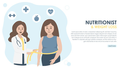 Female nutritionist doctor with stethoscope measuring obese female patient waist, health icons. Healthy diet, nutrition consultation and weight loss concept. Flat vector illustration. Copy space.