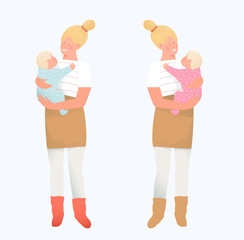 Young Mother alone with a baby. Single woman holding her son or daughter happy smiling alone with a kid. Vector flat cartoon motherhood and mother day design.
