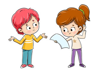 Niños hablando entre ellos con preguntas. Tienen dudas sobre un tema y sostienen un papel