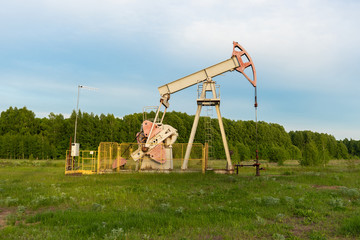 Fototapeta na wymiar Oil pump in the field against the background of a green forest