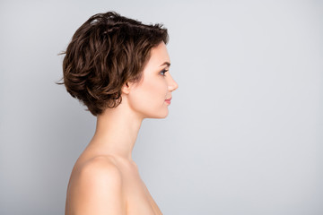 Closeup profile photo of attractive beautiful naked lady bob short hairstyle look empty space...