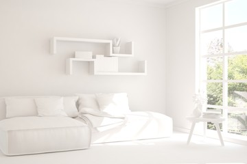 White minimalist living room with sofa. Scandinavian interior design. 3D illustration