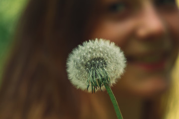 dandelion flower seeds soft focus nature photography with unfocused background adorable tender girl smile