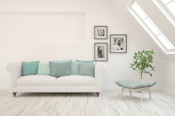 White living room with sofa. Scandinavian interior design. 3D illustration