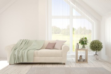 White living room with sofa. Scandinavian interior design. 3D illustration