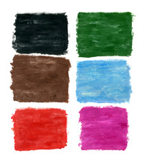 Set of color gouache spots: black, green, brown, blue, red and pink. Hand-drawn illustration isolated on white background. Bright textures.