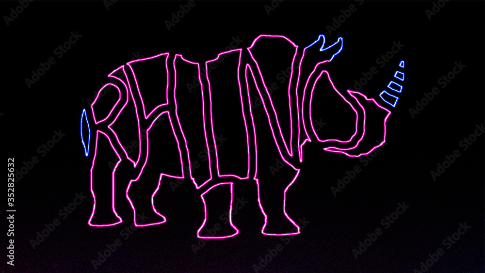 Poster text rhino is written in the shape of a rhino with neon light effect. animal text outline with neon 