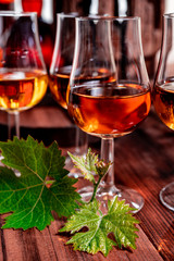 Tasting of aged french cognac brandy in old cellars of cognac-producing regions Champagne or Bois, France